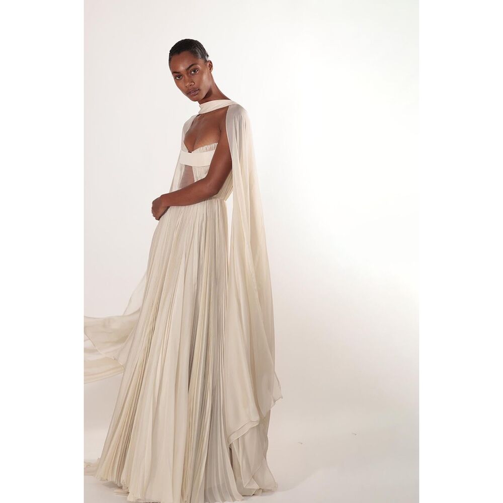 BIBHU MOHAPATRA Pleated Silk Chiffon Strapless Gown with Cape Detail US8 $9015 - Picture 2 of 16